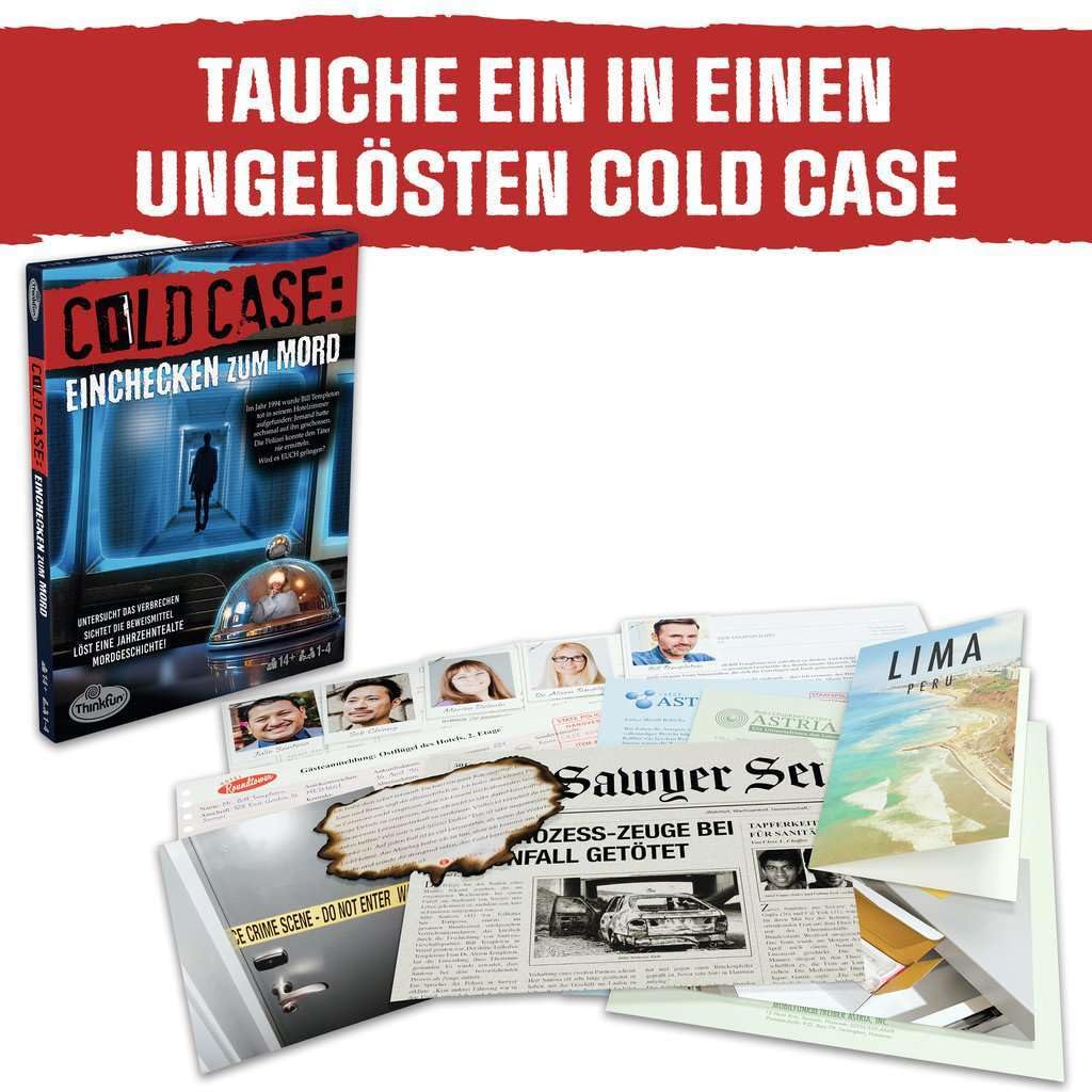 ThinkFun Cold Case: Einchecken zum Mord - Kombinationsspiel ab 14 Jahre: Ein Krimi-Rätsel für 1 Person oder in der Gruppe!