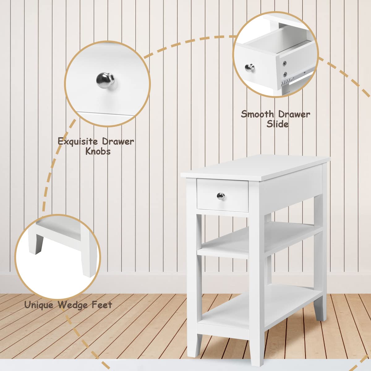 LIFEZEAL Comodino Stretto e Alto, in Legno, Moderno, Comò con 2 Cassetti, Mobiletto Camera da Letto, Tavolino Basso Laterale da Divano, Antiribaltamento, Soggiorno, Max 30kg, 40x32x75cm, Bianco