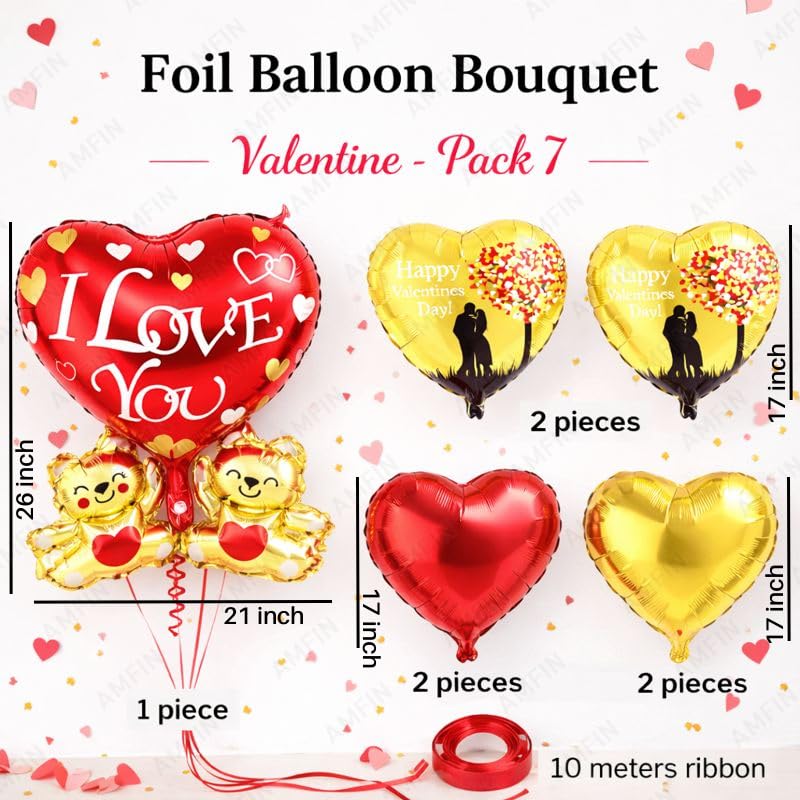 Image of AMFIN (Pack of 7) Happy Valentine's Day Foil Balloon Bouquet I Love you Teddy Heart Romantic Decoration Item - Red Gold