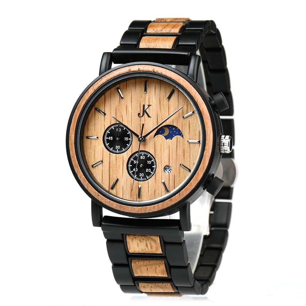 Kim Johanson Herren Holz-Edelstahl Armbanduhr *Military* in Hellbraun Chronograph mit Sonne & Mond Anzeige & einem Gliederarmband Handgefertigt Quarz Analog Uhr inkl. Geschenkbox