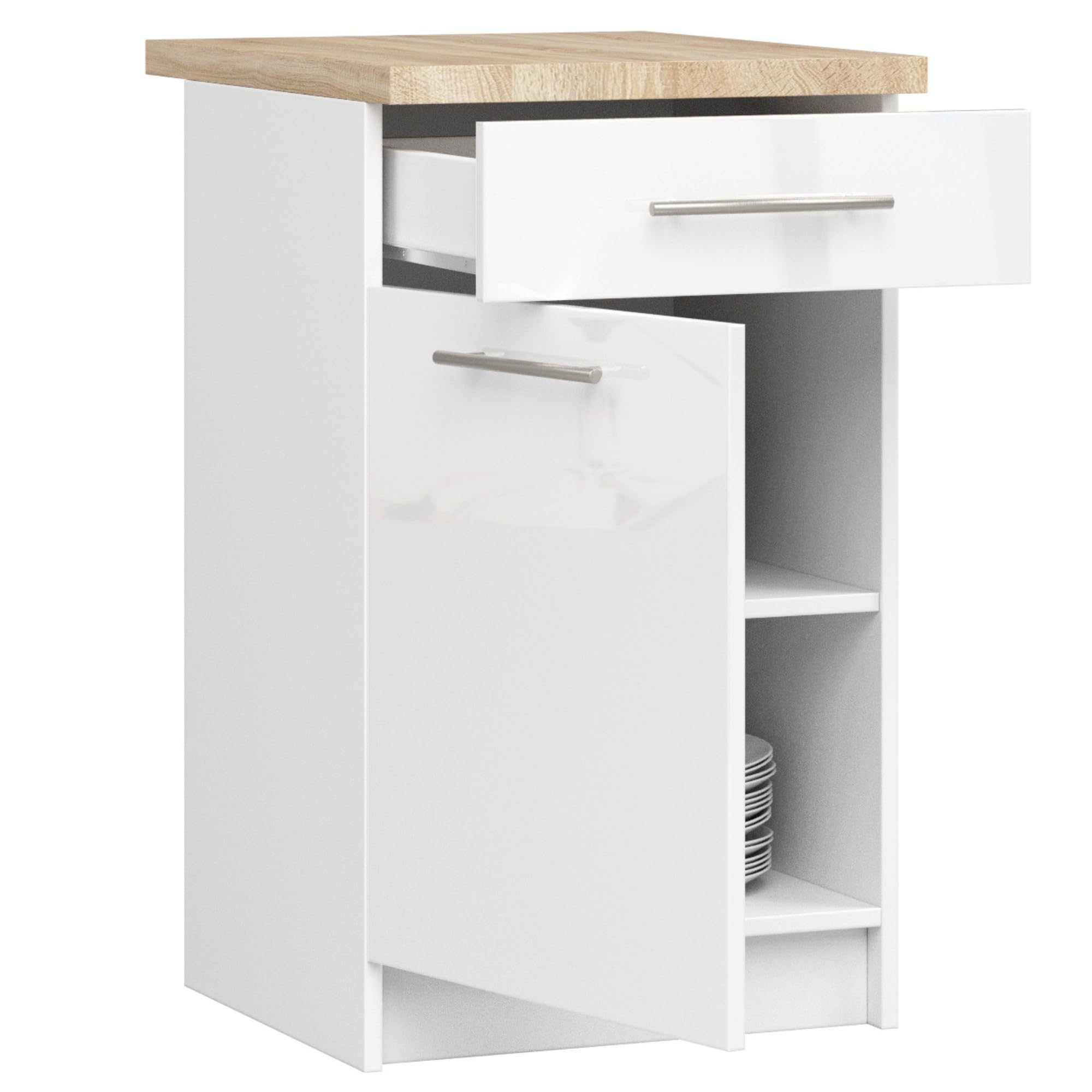 AKORD | Armoire de Cuisine avec Plan de Travail - Oliwia S50 | Meuble Bas avec Porte, Tiroir et 2 Étagères | Armoire de Cuisine Basse de 50 cm de Large | 46x50x85 cm | Blanc | Blanc Brillant