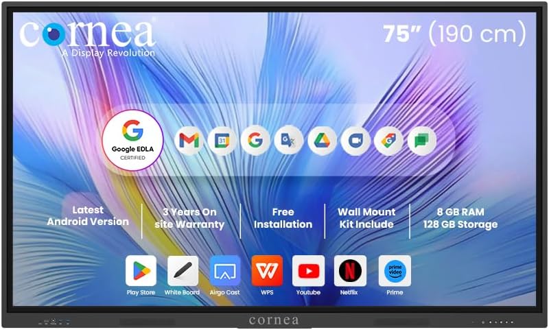 Cornea 75 Inches 4K UHD Touch Screen LED TV UltraTouch Display Interactive Flat Panel Monitor 3840x2160 Pixels Latest Android Version Ideal for Office,Institute |8GB 128GB|