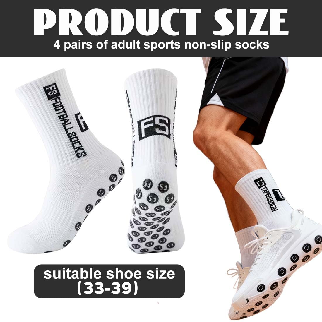 Calcetines Antideslizantes Futbol 4 Pares, Color Blanco Talla 33-39, Para Niños Deportes Baloncesto Rugby Tenis