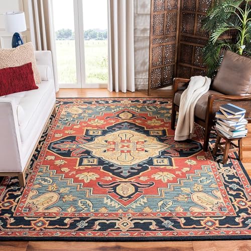Image of Hand-Tufted Wool Carpet for Living Room 4x6 feet Navy Blue & Multicolor Traditional Design Anti-Skid High Pile Thick Carpet & Rugs for Bedroom & Hall