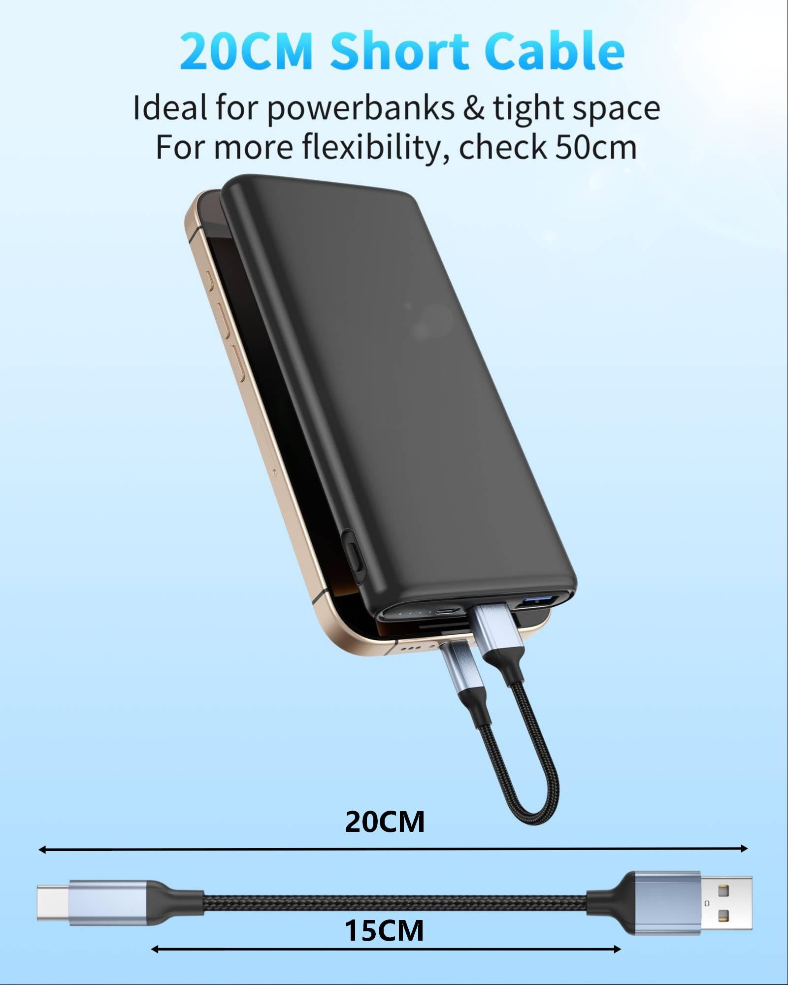 Short USB to USB C Fast Charger Cable (20cm 2PCS), USB2.0 Short USBA to USBC Charging Cable, Nylon 0.2m Small USBC Lead for iPhone 17 16 15, Samsung Galaxy S24 S23 Huawei, Pixel, Xiaomi - 3