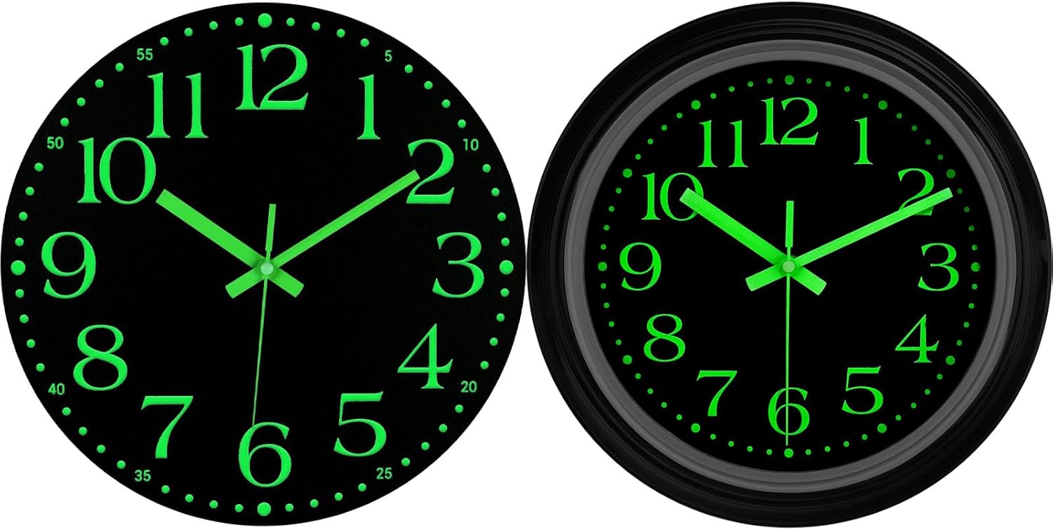 JoFomp 2 Pieces 12 Inch Wall Clock, Wooden Glow in The Dark Clock and Night Light Wall Clock, Silent Non-Ticking Battery Operated, Energy-Absorbing Luminous Numerals and Hands, Lighted Wall Clock