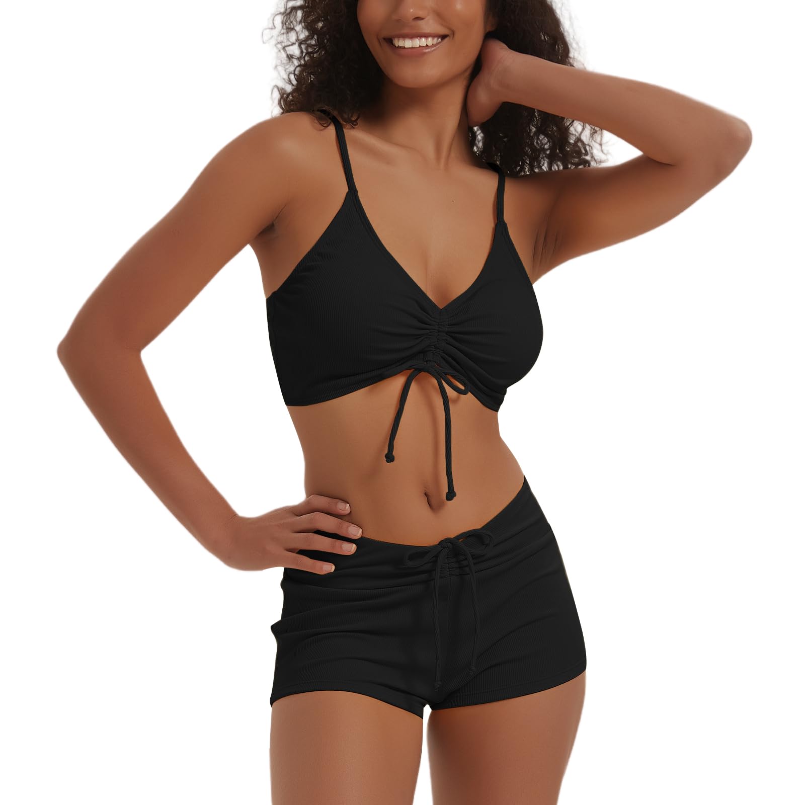 Meioro Traje de baño Sólido Conjuntos de Bikinis para Mujer Bikini Sets Corto con Lazo en la Parte Delantera Ropa de Playa de Dos Piezas Trajes de Baño Atléticos