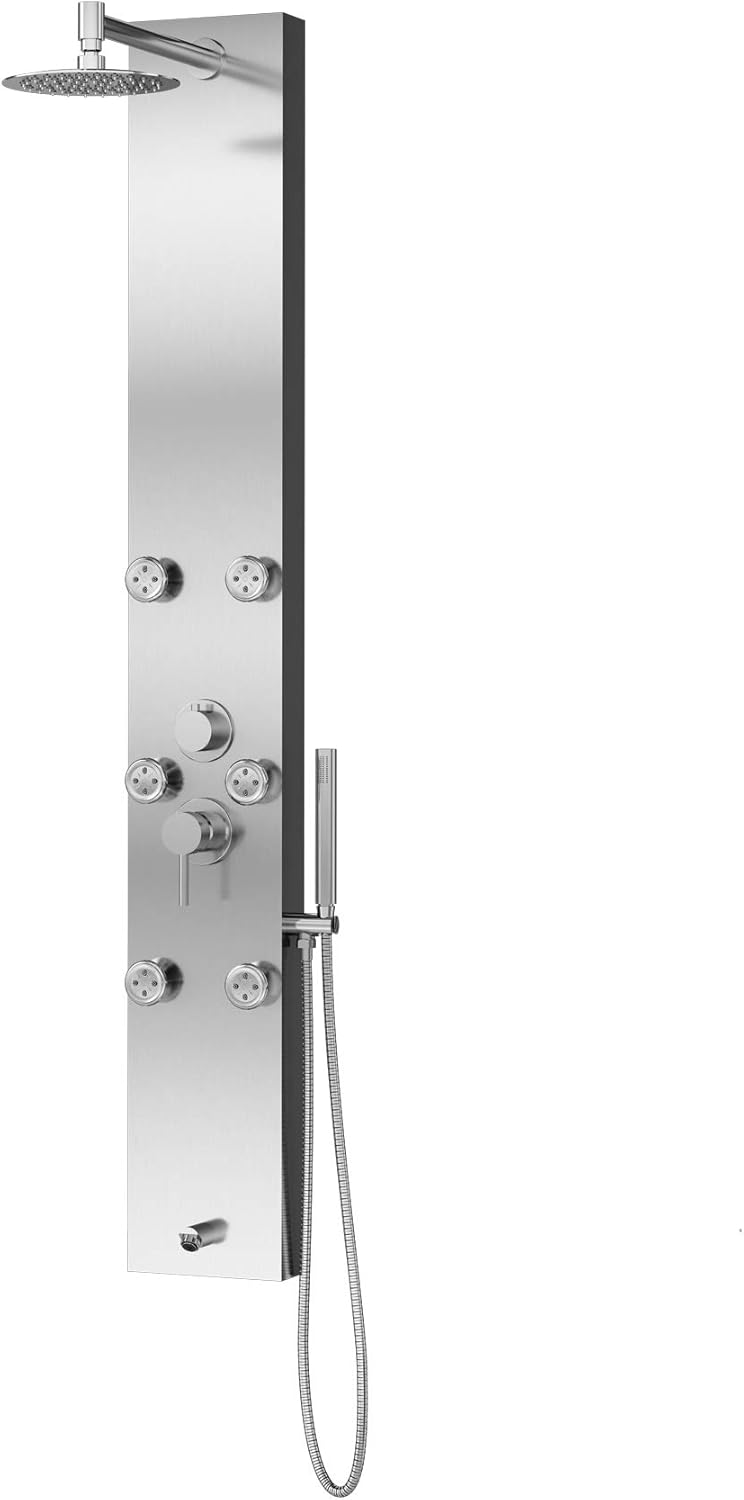 Monterey ShowerSpa Panel with 8" Rain Showerhead - Oil Rubbed Bronze Stainless Steel Body & Fixtures, 2.5GPM - Rain Shower Head with Handheld Spray Wand, 6 PowerSpray Body Jets, Brass Tub Spout