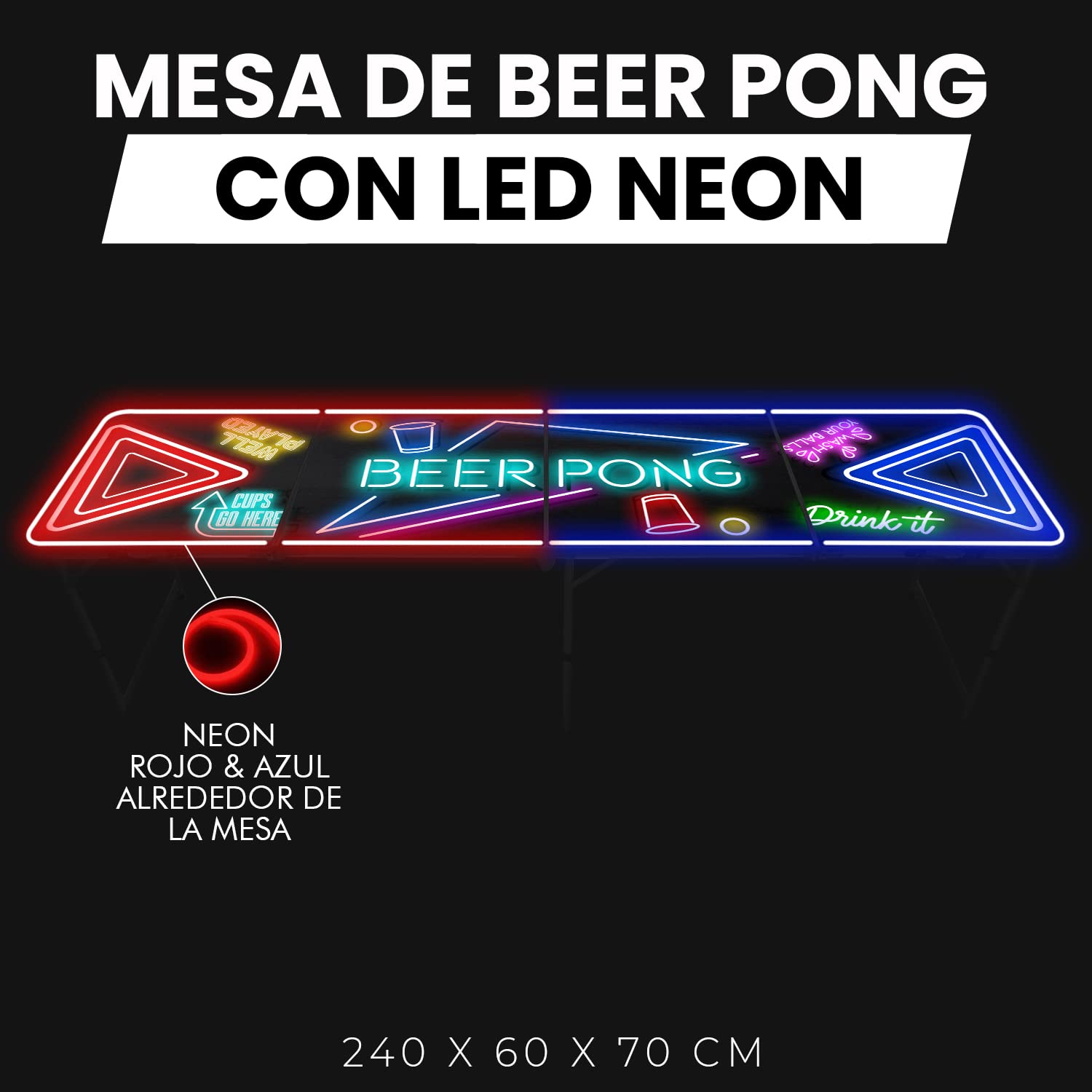 Original Cup® - Mesa de Beer Pong® Iluminada con Luces de Neón Rojas y Azules - Plegable y Transportable con Revestimiento Impermeable Anti Rayos - Aprobada para Torneos de Beer Pong - Juego