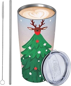20oz Tumbler Stainless Steel Insulated Travel Tumblers Leakproof Travel Coffee Mug With Lid And Straw Christmas Pine Tree Elk Drink Tumbler Cups Gifts For Women Men Lovers