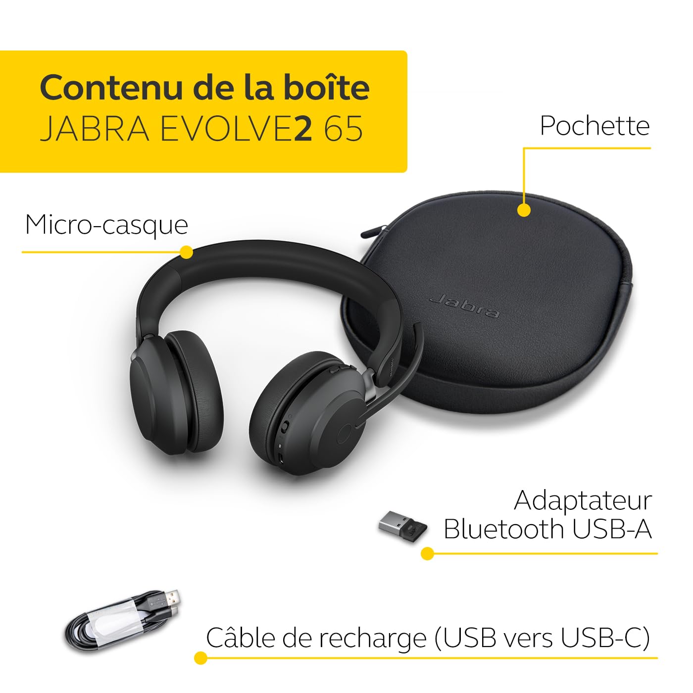 Jabra Evolve2 65 Casque PC Sans Fil - Casque Audio Anti-Bruit Certifié Microsoft Teams avec Batterie Longue Durée - Adaptateur Bluetooth USB-A - Noir