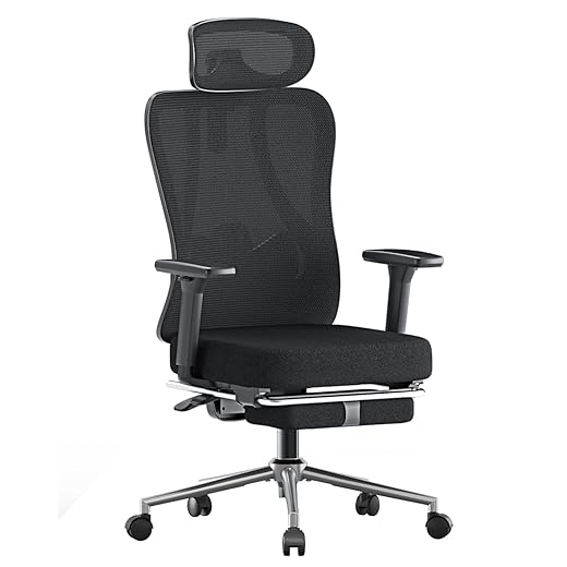 HBADA E1 Bürostuhl Ergonomisch,Schreibtischstuhl mit Verstellbarer Kopfstütze,Lendenwirbelstütze,Großer Winkel liegender Computerstuhl, Integrierte Fußstütze, Rückenlehne aus elastischem Mesh, Schwarz