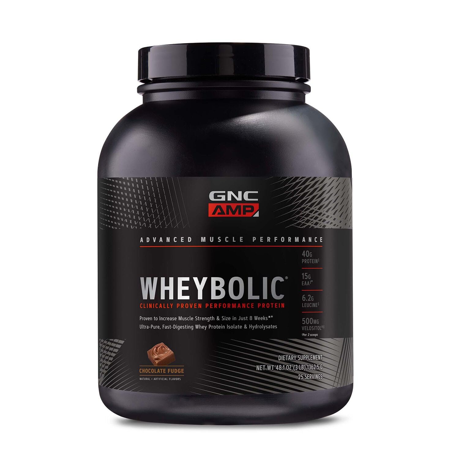 AMP Wheybolic Clinically Proven Protein Powder, 40g Whey Protein, BCAA, Leucine, Increases Muscle Strength, Muscle Building, 3rd Party Tested, Gluten Free, Chocolate Fudge, 25 Servings