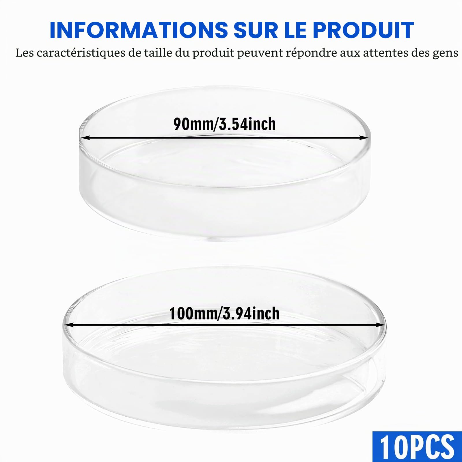 Boîtes de Pétri en verre avec couvercle : 10 boîtes de Pétri stérile transparentes, 90 x 20 mm, bol de culture cellulaire Petri en verre borosilicate, boîtes de pétri en verre autoclavables