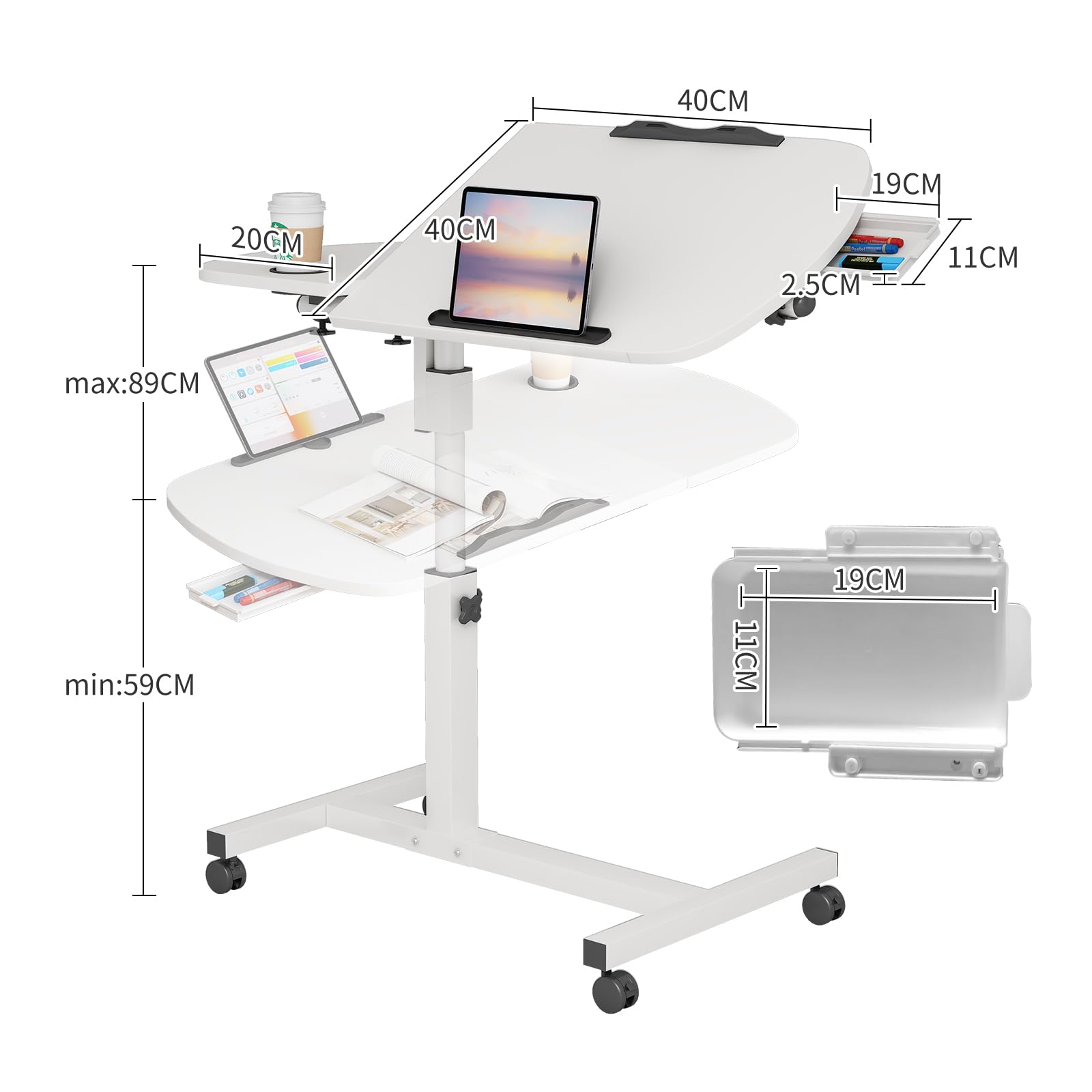 Escritorio Elevable de Pie Móvil, Mesa Escritorio Ordenador con Altura Ajustable, Mesa de Cama con Ruedas, Marco Giratorio de 360°, Escritorio Plegable de para Sofá 60x40cm Blanco