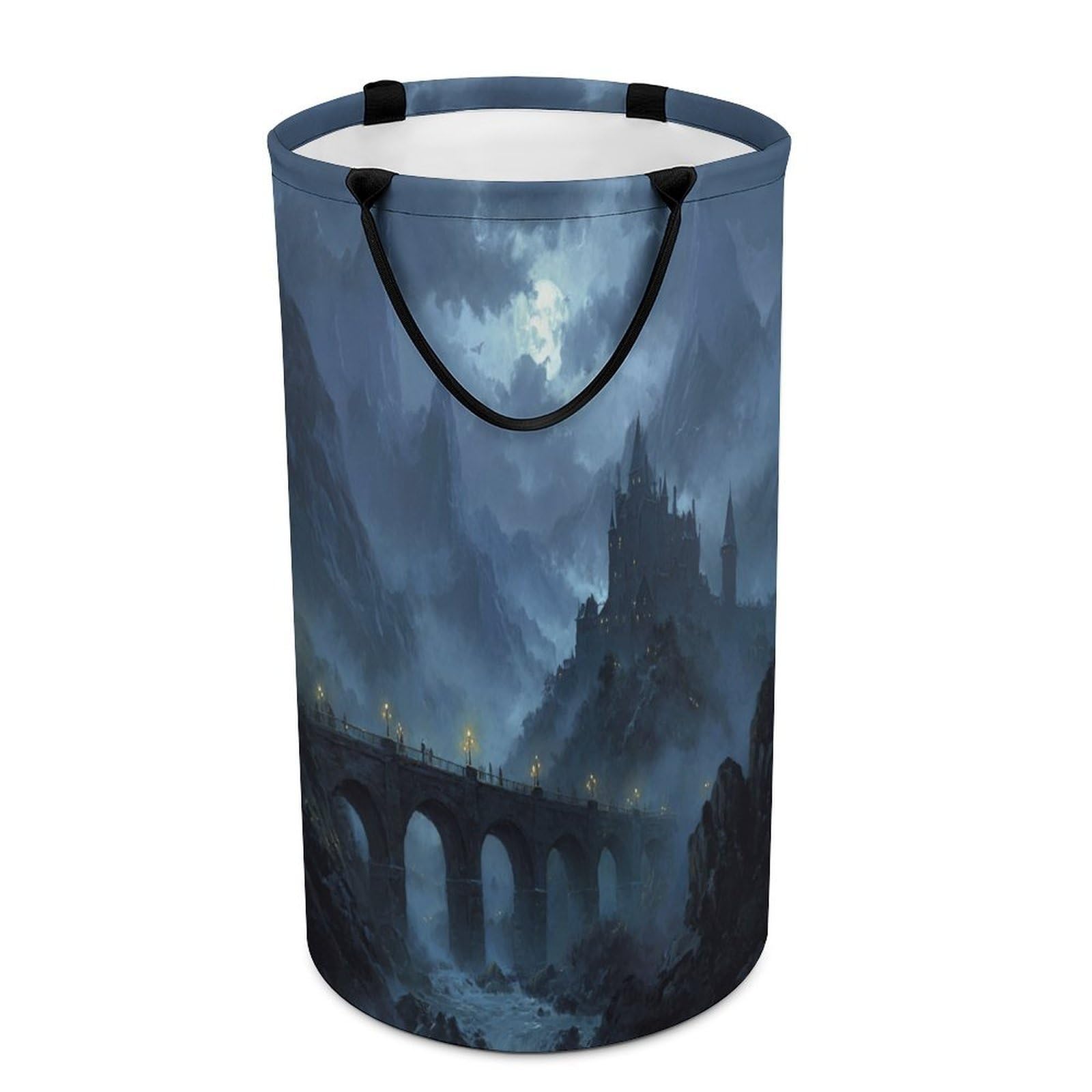 LUYYSKY Classic Mid Century Castle Versatile Storage Laundry Basket, Realistic Watercolor Halloween Full Moon Gothic Castle Large Capacity Bathroom Hamper With Handle