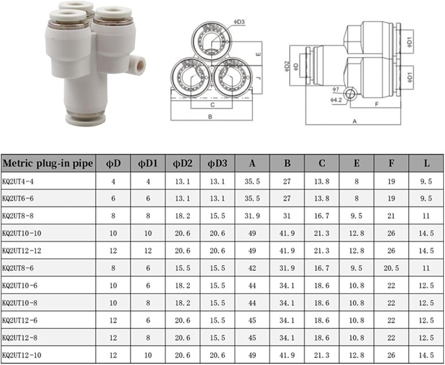 1/10/20PCS KQ2UT/PRG Pneumatic 4-Way Quick Connect Fittings Reducer 8-6/12-10MM & Straight 4/6/8/10MM for Air Compressor(KQ2UT10-00,10 PCS)