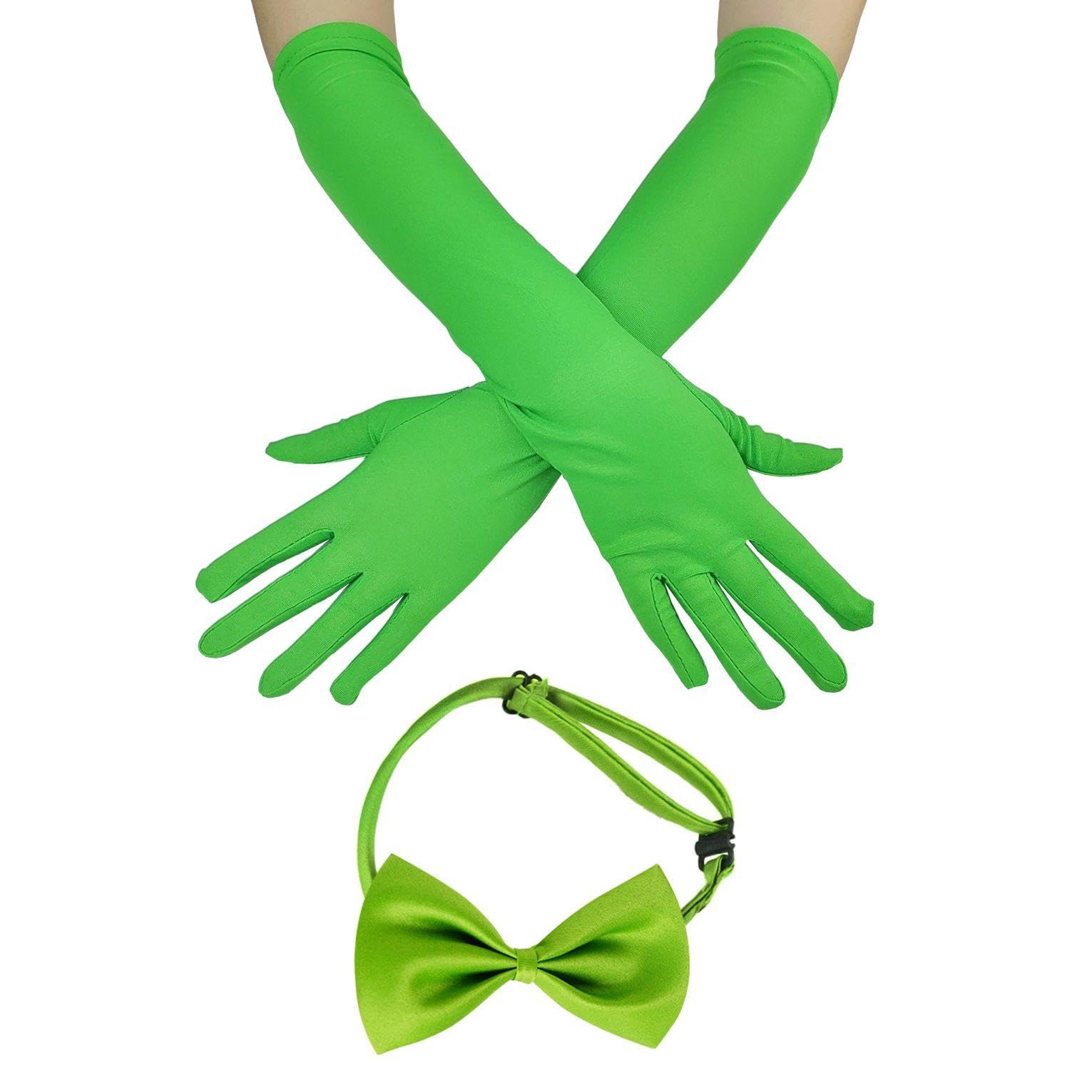 TVSVKWE 1 Pair Of Green Long Gloves, 1 Piece Bow Tie, Neon Fashion Gloves, Adjustable Bow Tie, Party Clothing Accessories