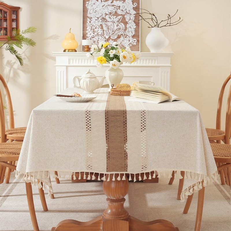 Lifetooler Table Cloths Rectangle Cotton Linen Tassel Tablecloth Waterproof Wrinkle Free Table Cover for Kitchen Dinning Tabletop Decoration(Beige,55 x 55 Inch)