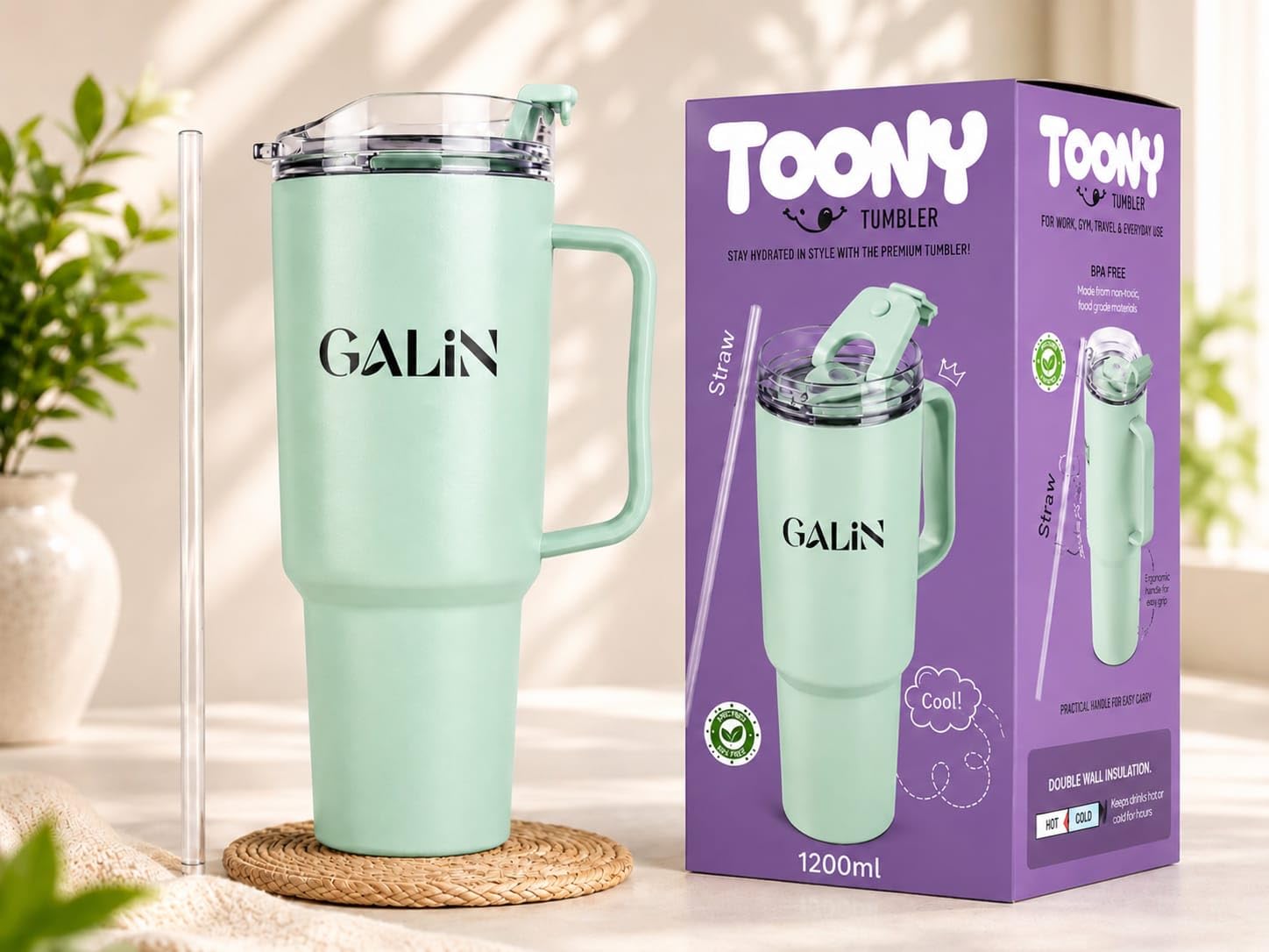 GALIN 1200ml Double Wall BPA Free Tumbler with Handle & Straw | Large Capacity Reusable Travel Mug with Leak-Resistant Lid | Lightweight Coffee & Water Tumbler for Office, Gym & Travel, Mint Green-image-34
