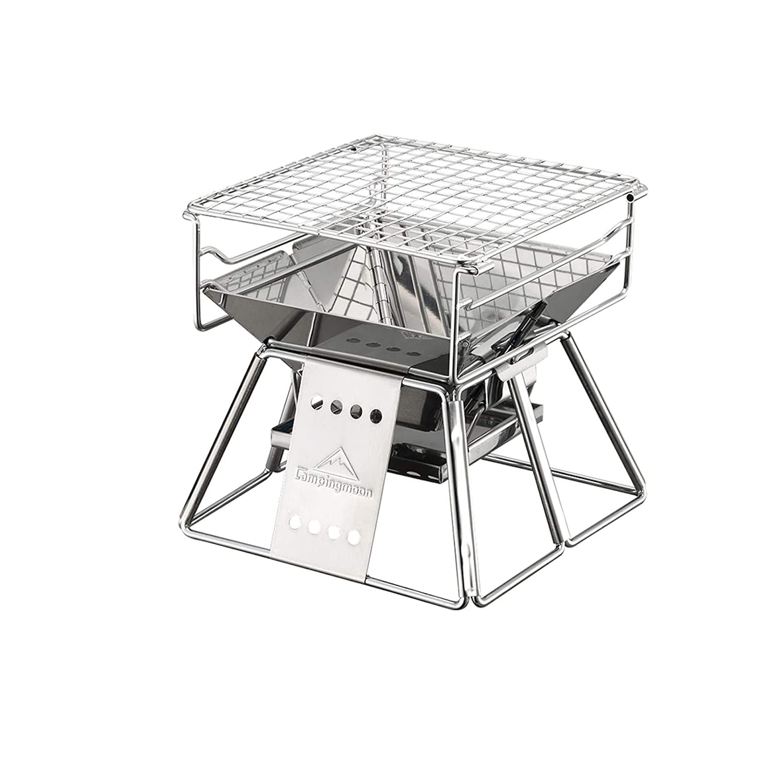camping moon Portable Fire Pit Campfire Grill,Folding Stainless Steel BBQ Grill for Outdoor Camp Travel Garden Cooking Picnic 1-2 People with Carrying Bag