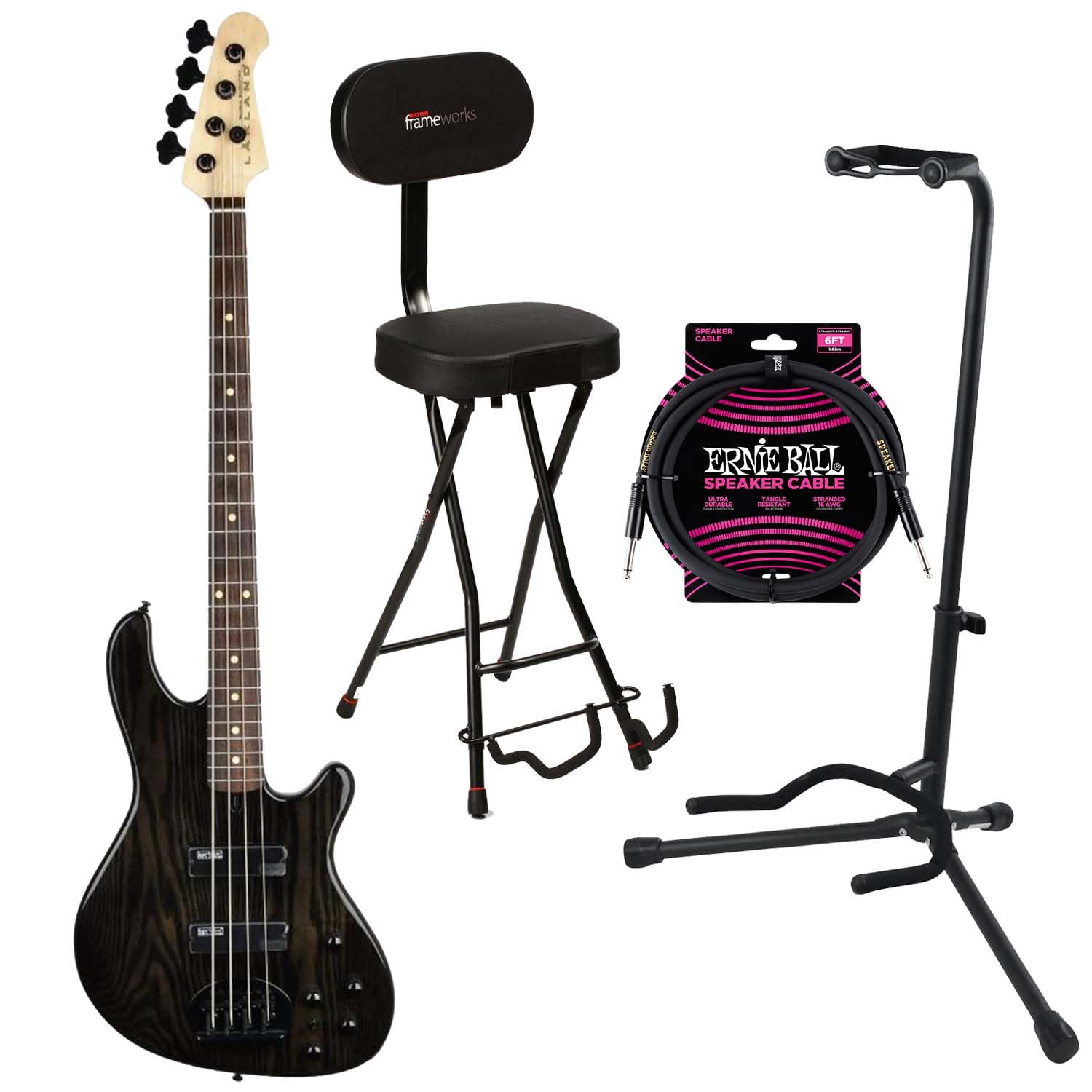 Lakland Skyline 44-OS Offset Bass Guitar, Trans Black with Rosewood Fingerboard, Gator GFW-GTR-SEAT and Stand, ErnieBall 1/4 Cable Bundle