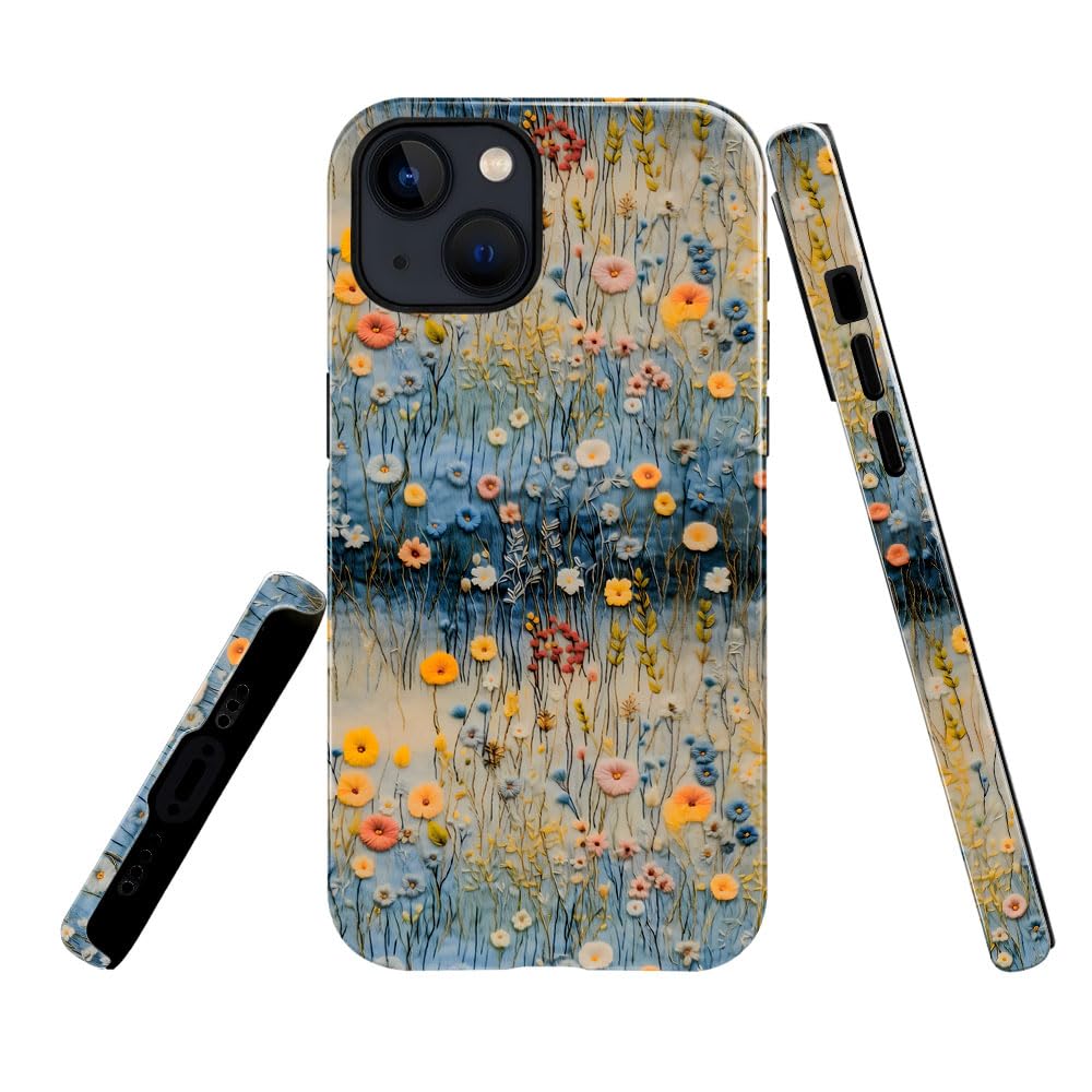 TnXee Case Compatible with iPhone 14,Fall Prevention Glossy Hybrid 2-Layer Hard Shell Cases for Girls Boys,Cute Wild Floral Embroidered Look