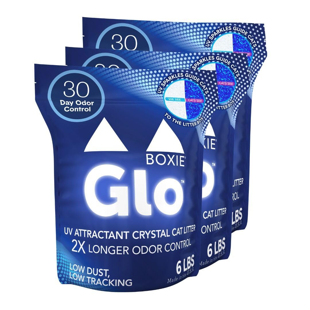 Boxie® Glo™ 30 Day Odor Control Non-Clumping Crystal Cat Litter, 18 lb, Natural Attractions, UV Light Attractant, Soft Granules, 99.9% Dust-Free, Long-Lasting for Multi-Cat Homes (3 Pack of 6lb Bags)