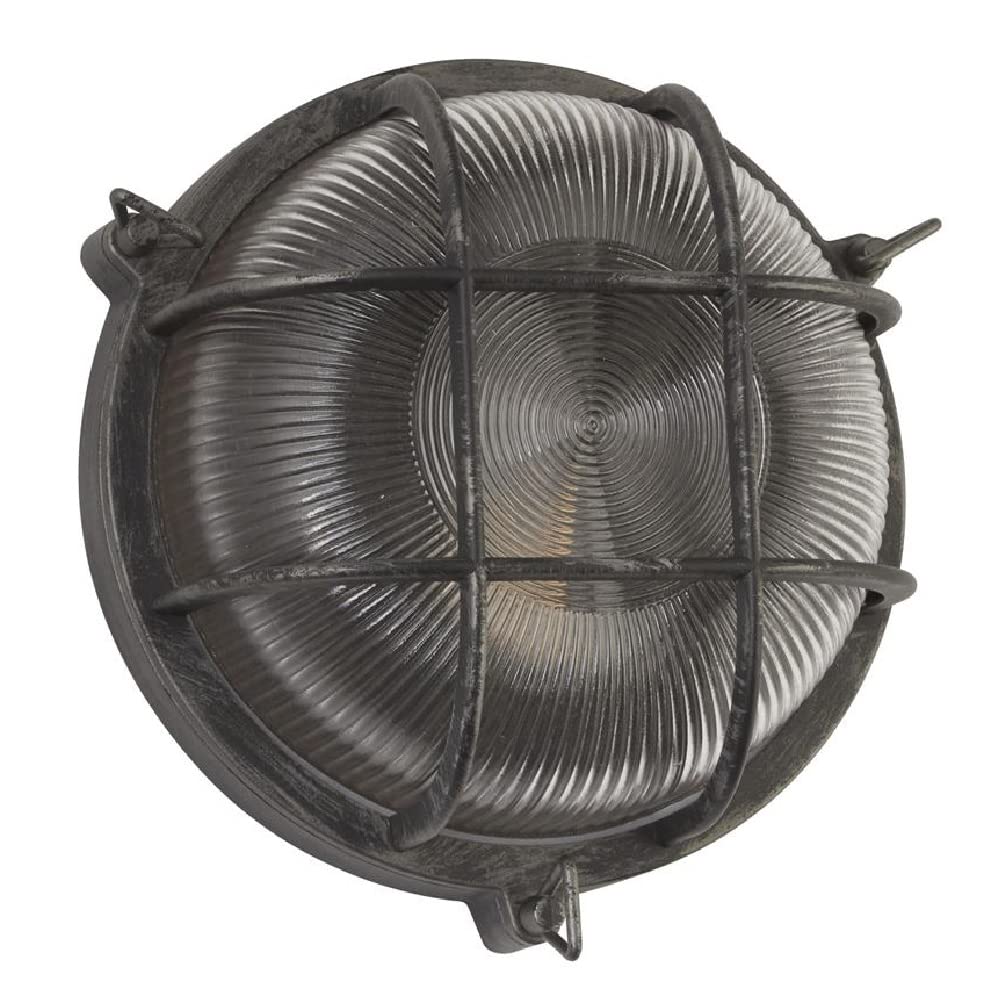 Britalia Black Silver & Ribbed Glass Outdoor Vintage Round Flush Bulkhead Wall Light | 280Mm Diameter | Ip44 Rated | 1 X Es E27 Lamp Bulb Required | Bathroom Use | Uk Approved