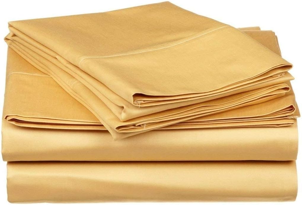 LaxLinen Split-King: Adjustable King Bed Sheets 5-PC Set Solid Yellow 100% Egyptian Cotton 600-Thread-Count, Fits Mattress 11" Deep Pocket (1 Flat Sheet, 2 Fitted Sheet, 2 Pillow Cases)