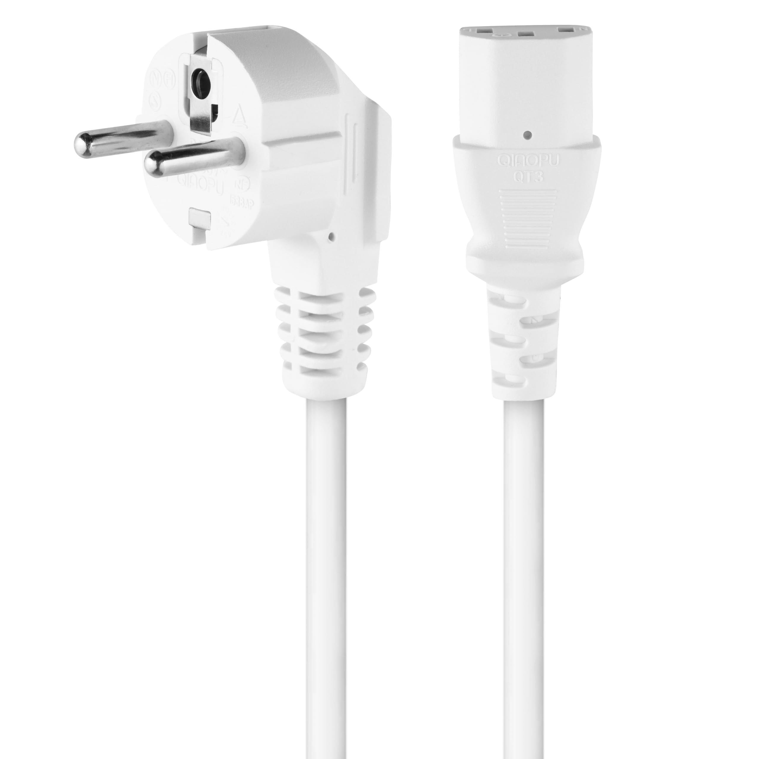 PremiumCord Kabel Zasilający 230V 5m, Kabel Zasilający ze Stykiem Uziemiającym pod Kątem do Gniazda C13, IEC 320, Kabel Zasilający PC 3-pin, 5m, Biały