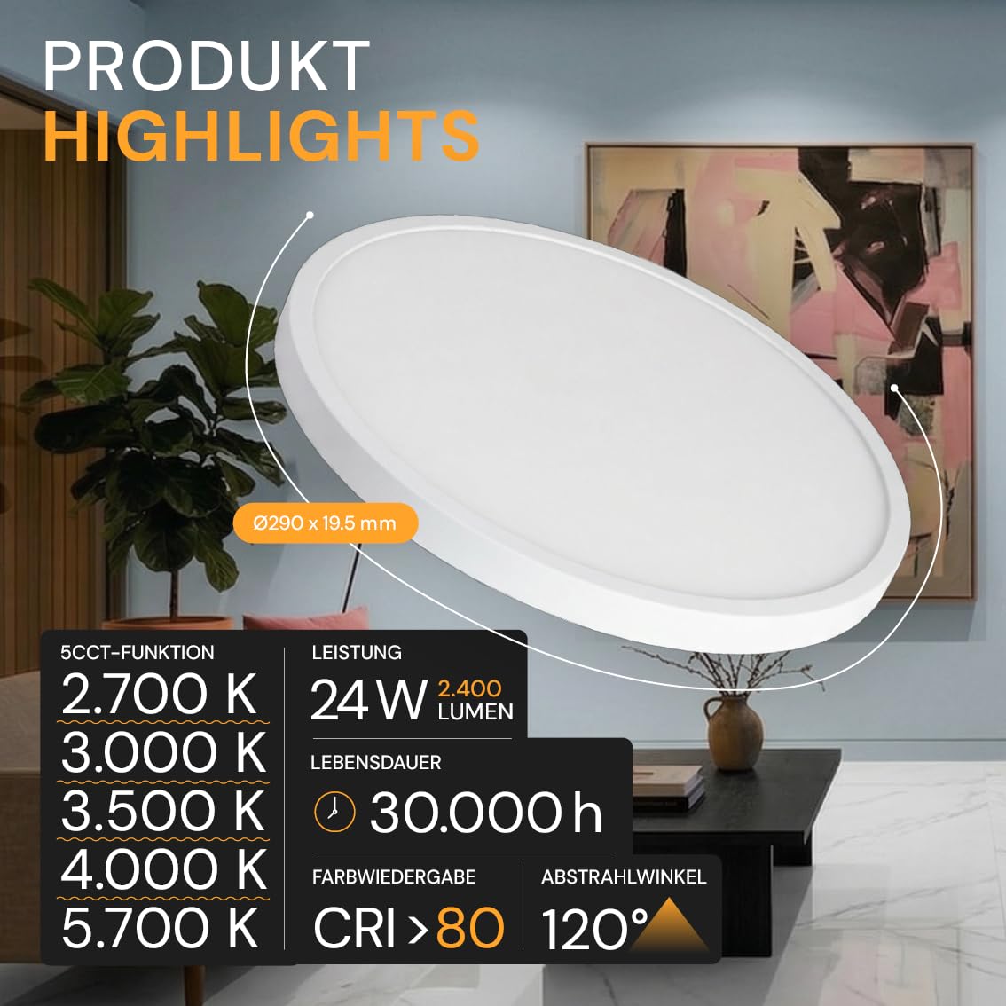 6er Pack LED Panel rund Ø 290mm, 24W 2400lm, Weiß