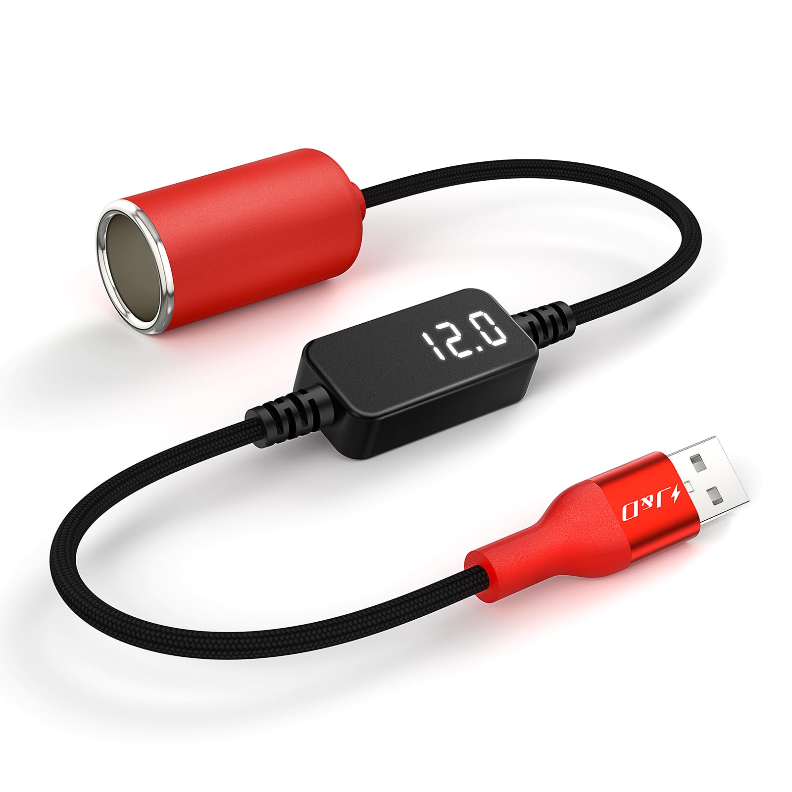 J&D USB-A auf 12V Zigarettenanzünder Adapterkabel, 18W USB-A DC 12V KFZ Konverter für Dashcam, GPS, Fahrrekorder mit Spannungsanzeige, Robustes Rot Kabel, 1,5 m