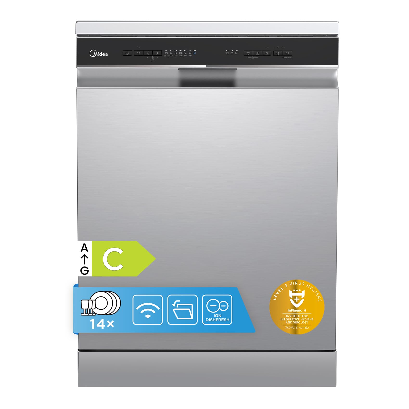 Midea Freestanding Dishwasher with 14 Place Settings, Wi-Fi Connected, 60 cm Width, 44dB Silence, Intensive Wash & Adjustable Basket, Stainless Steel-MDWEF1433D(SS) [Energy Class C]