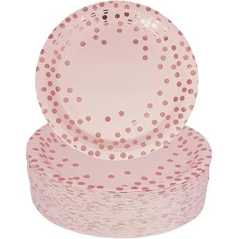 CEILIWEN Pink Paper Plates Pink Party Plates 7 Inch Rose Gold Polka Dot Party Paper Plates Disposable Plates Party Tableware Pack of 50 Pink-50 Pieces