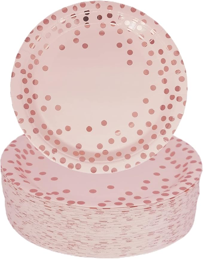 CEILIWEN Pink Paper Plates, Pink Party Plates, 7’’ Rose Gold Polka Dot Party Paper Plates