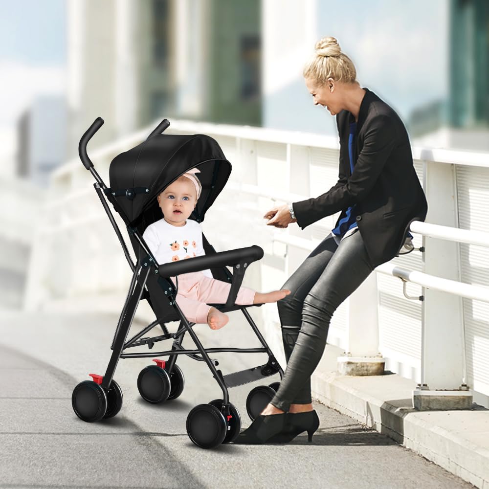 homewell Passeggino per bambini, pieghevole, pieghevole, con cintura di sicurezza e tettuccio parasole, da 0 a 4 anni, fino a 22 kg, leggero e compatto (nero)