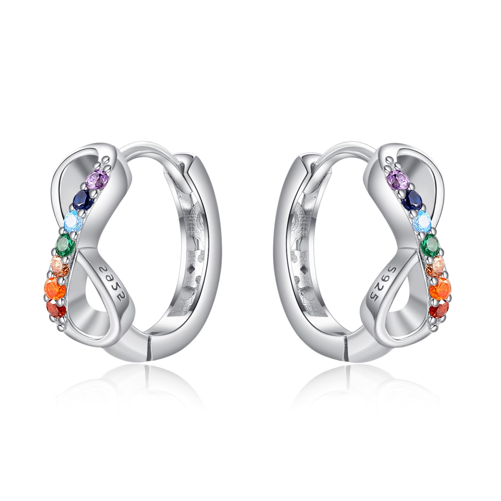 TANGPOET Kleine Creolen Silber 925 für Damen Frauen Regenbogen Zirkonia Infinity Ohrringe Chakra Huggie Creolen Scharnier Schmuck