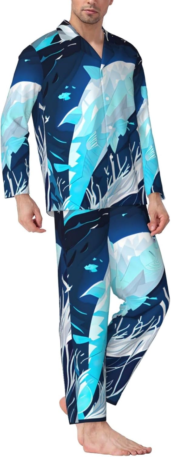 Deep Blue Animal Whale Print Luxurious Mens Pajamas Set,Breathable Pajamas Set,Perfect For Lounging Bed,Sofa