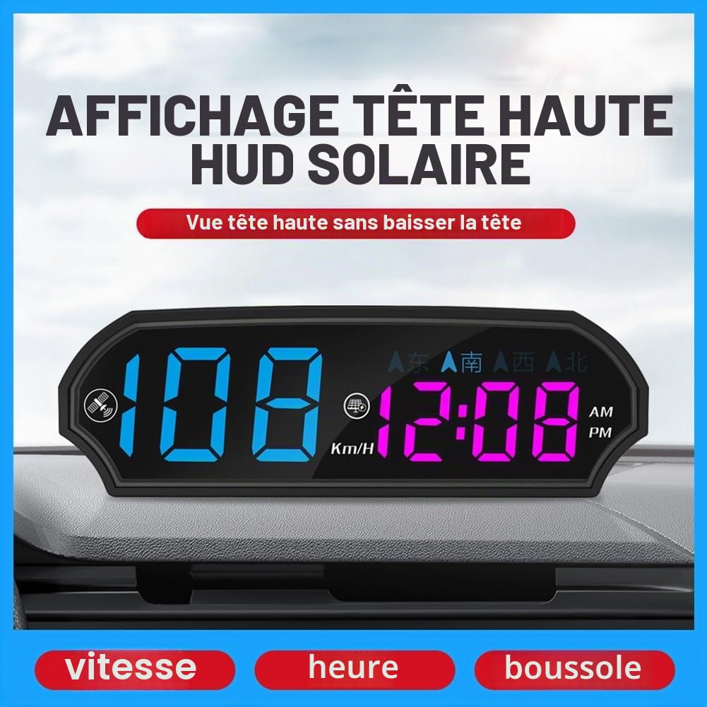 HUD solaire GPS pour voitures : compteur de vitesse numérique (km/h), direction du compas, écran LED couleur réglable – s'adapte à la plupart des véhicules