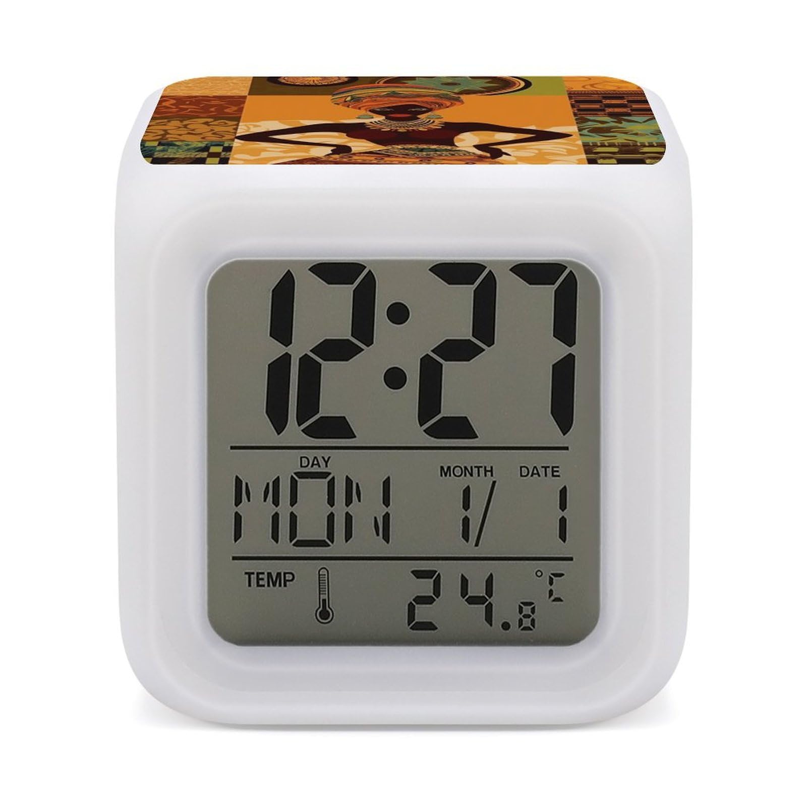 VstaDank African Woman Digital Alarm Clock LED Display Screen Color Change Alarms Clock Smart Alarm Clock Wake Up Digital Clocks with 7 Color Nightlight for Bedroom