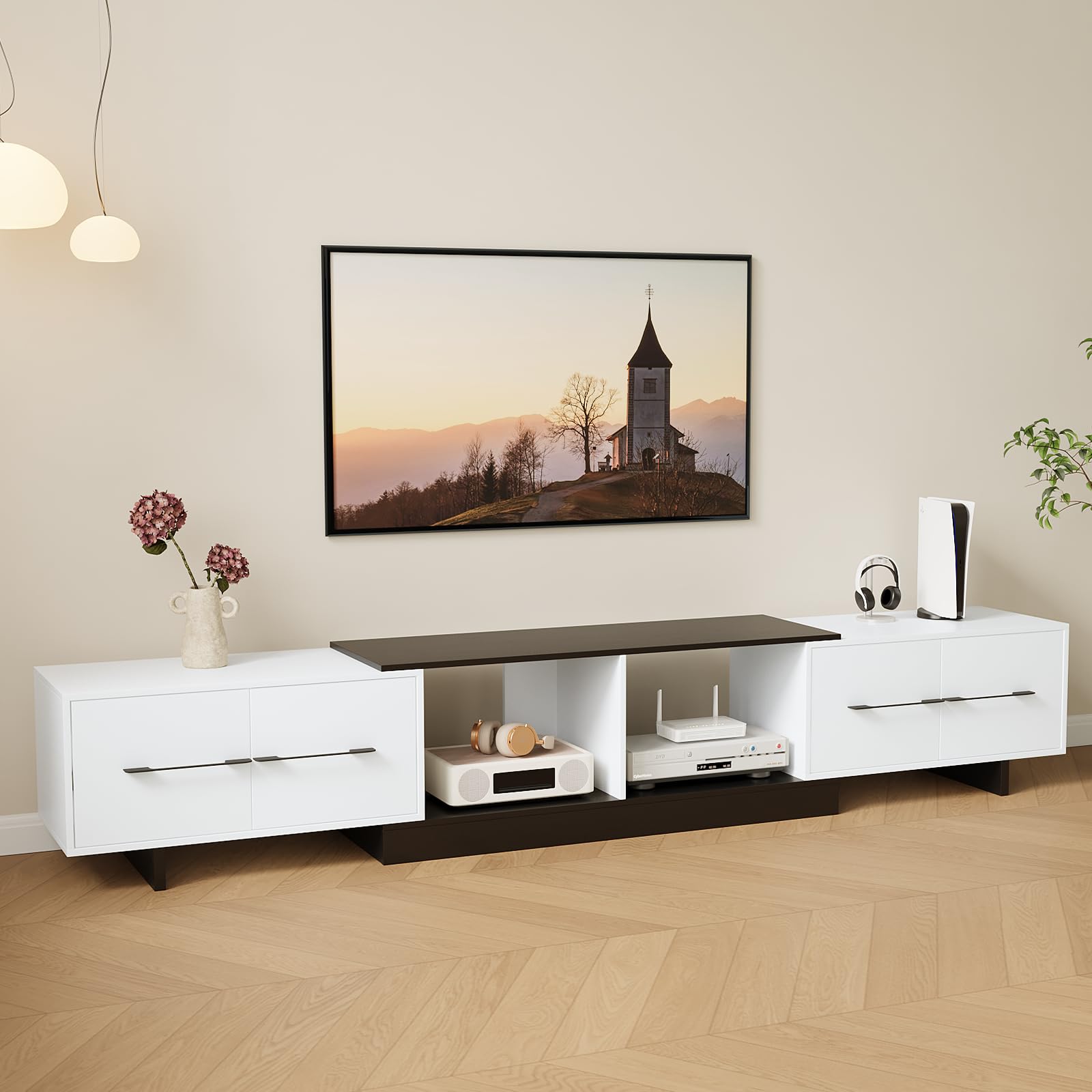 Ausziehbares TV Schrank 190-260cm，Holz TV Lowboard mit 4 Schubladen, für 120 Zoll Fernseher，Moderner TV Möbel für Wohnzimmer
