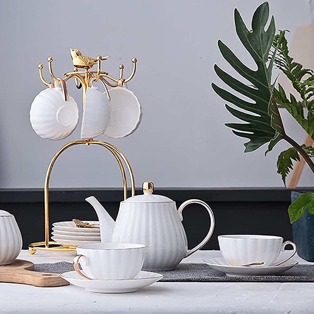 Zestawy do herbaty z 6 elementami z porcelany ceramicznej, 7OZ Filiżanki i spodki dla 4 osób, łyżeczka do herbaty z metalowym uchwytem na ptaki, łyżeczki do her