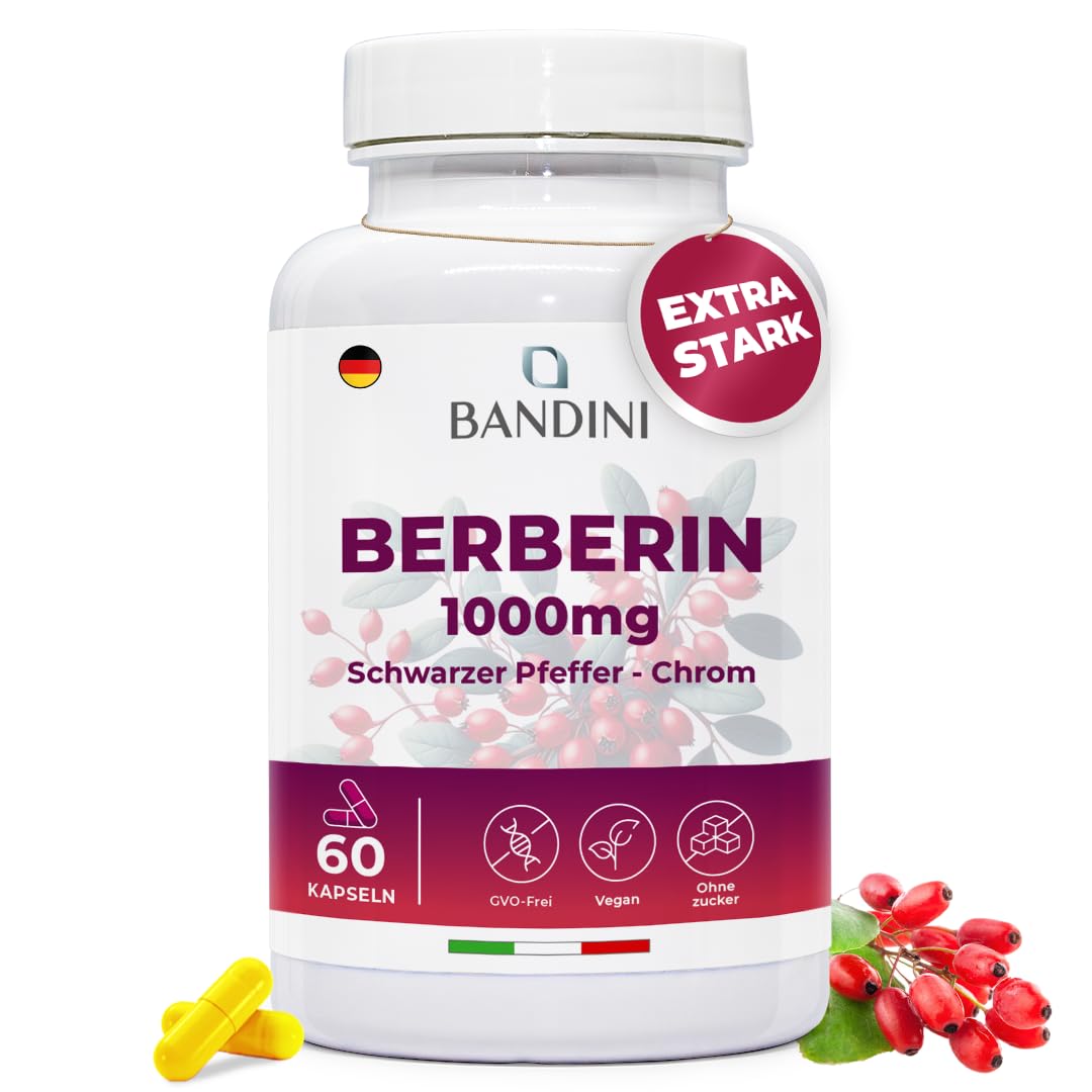 Bandini® Berberin 1000mg rein hochdosiert | Reines Berberine HCl aus Berberis Aristata 97% + Chrom und Schwarzer Pfeffer | Maximale Aufnahme | 60 vegane Kapseln