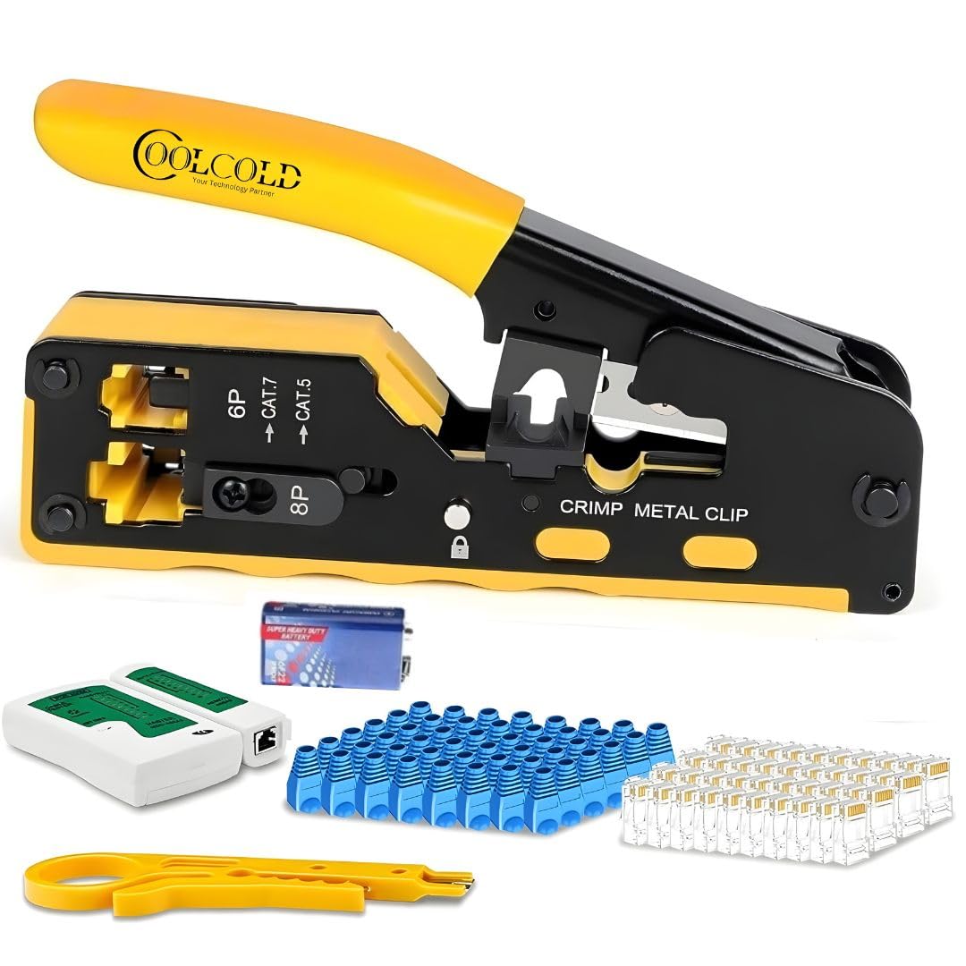 COOLCOLD Crimping Tool RJ45 | Pass Through Kit All-in-One Ethernet Crimper Cat7 Cat6 Cat5E Tools with Network Cable Tester + Battery, 10-Pack Cat6 RJ45 Passthrough Connector, 10pc Boots (Multicolor)-picture-10