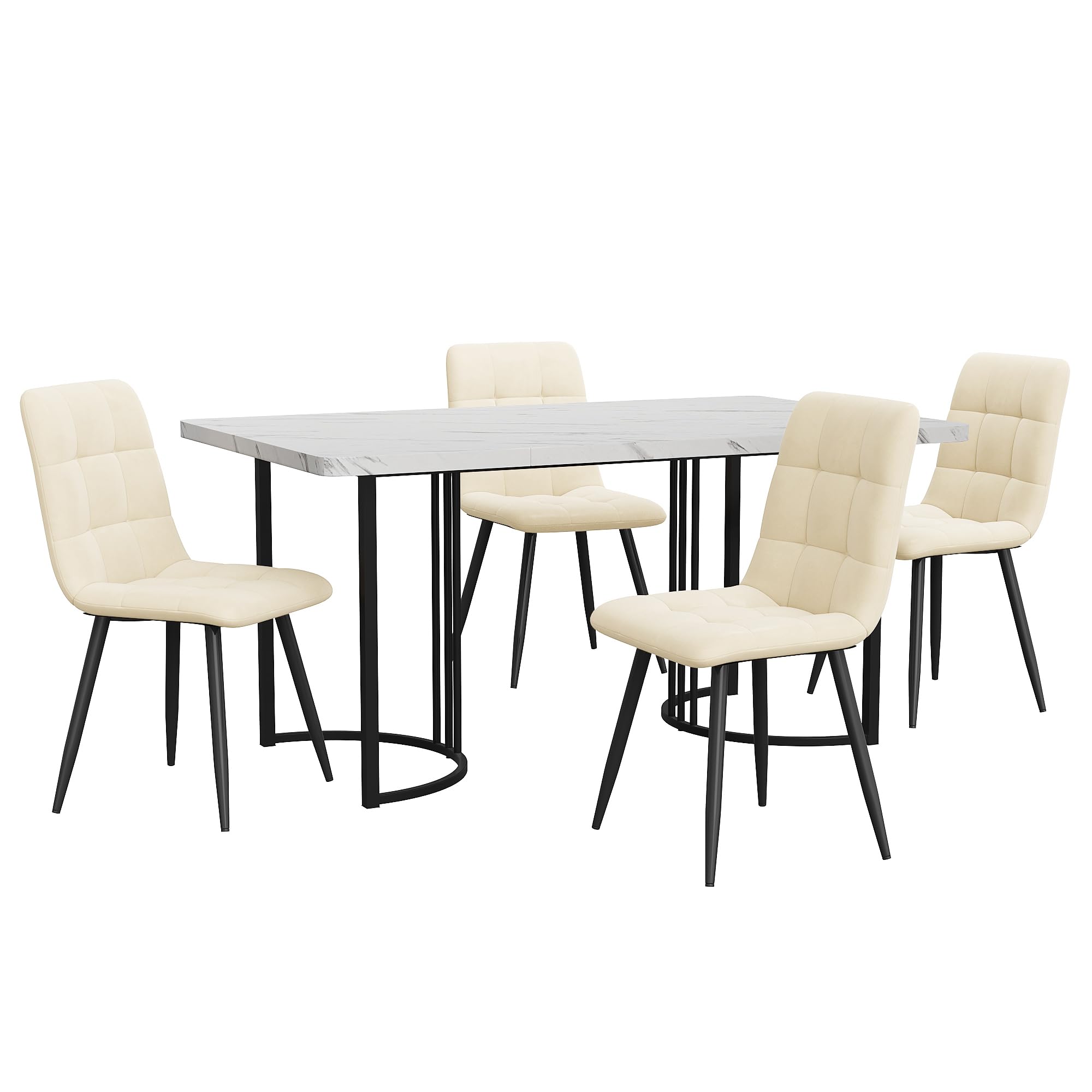 Conjunto Mesa y Sillas Comedor 5 Piezas, Juego de Comedor Mesa y 4 Sillas, Mesas Rectangular 140x80x75 cm con Patas Metálicas, Terciopelo Silla de Cocina, Beige y Blanco