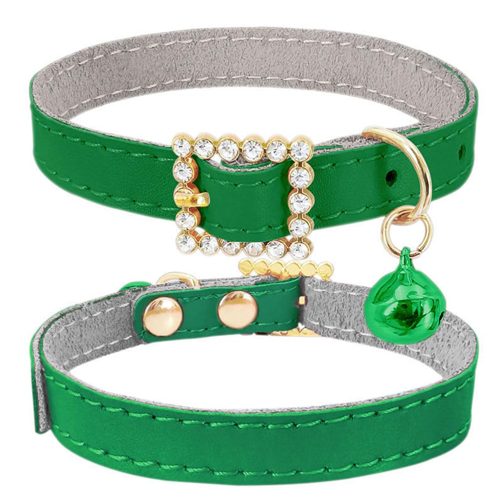 Green Cat Collar with Bell, Diamond Buckle Bling Dog Collar Soft Cown Leather Girl Puppy Collars with Bells for XXS XS Small Tiny Female Dogs Pet Cats