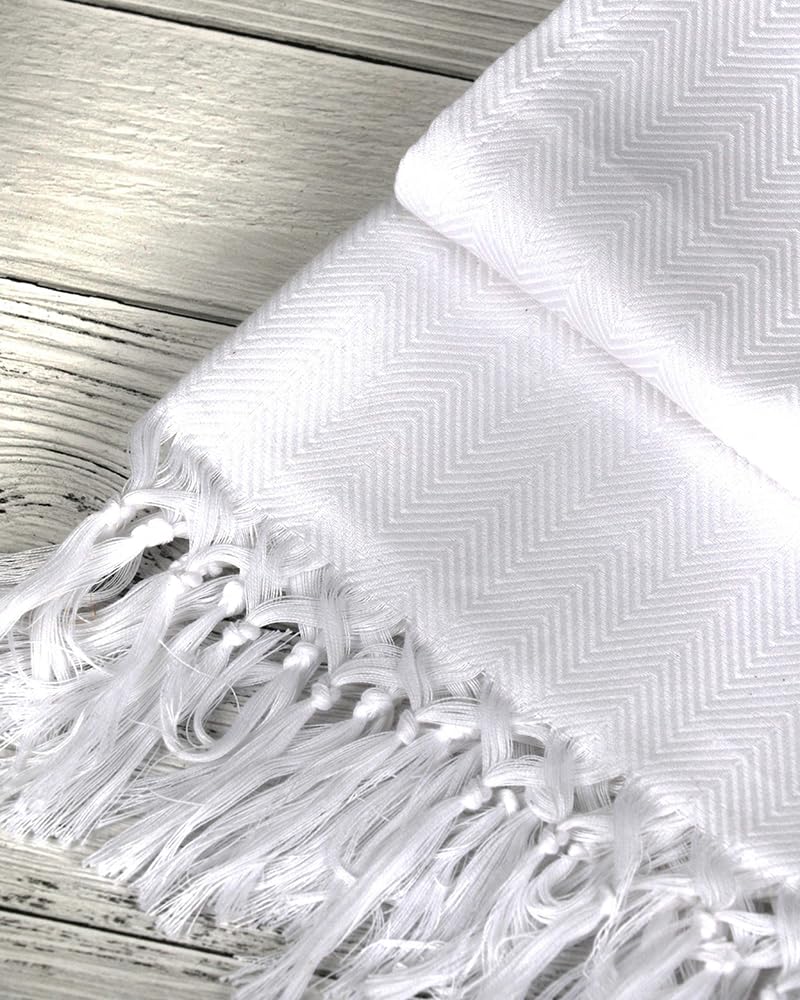 The Veshti Company Giza Blend Cotton Towel – 100% Pure, Ultra Soft, Highly Absorbent & Quick Dry – Luxury Bath & Spa Towel with Herringbone Design & Hand-Tied Tassels - White 1
