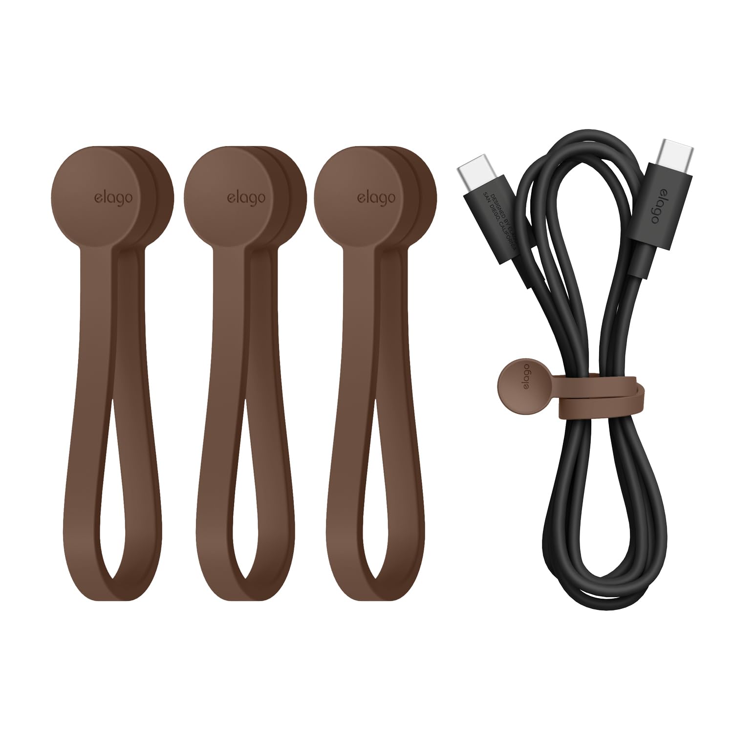 Elago Brown 3 Pack Magnetic Cable Ties, Premium Silicone Cord Organizer, Reusable Strong Magnet Cable Organizer, Elegant Desk Management Solution (Brown)