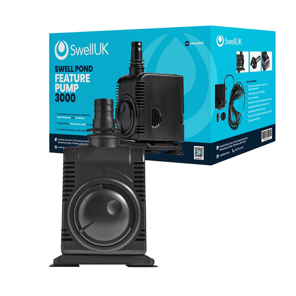 Swell Water Feature Pump 3000lph for Water Features and Displays. Fully Submersible and Adjustable Flow Dial with 2 Year Guarantee